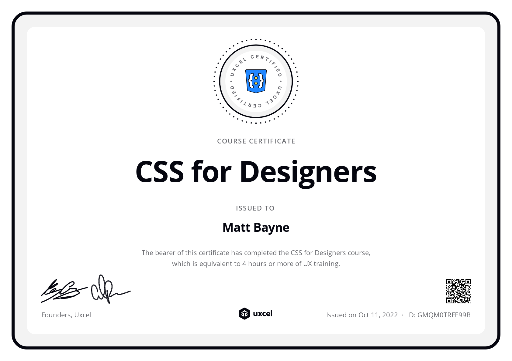 Matt Bayne's certificate